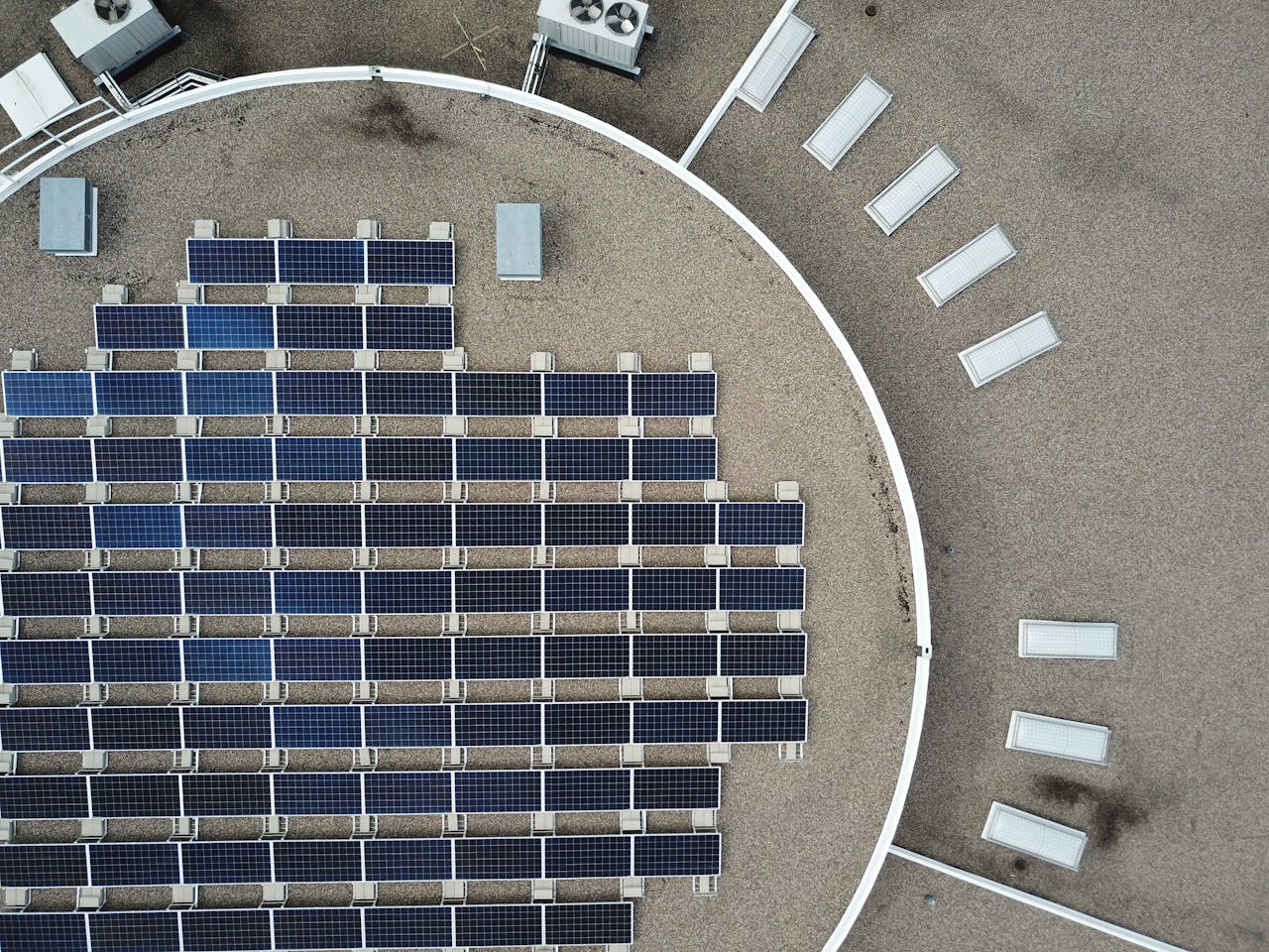 An aerial view of a solar panel array